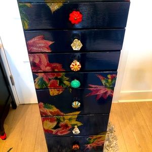 Beautiful Blue chest of drawers with fabric wrapped accents- 7 drawers